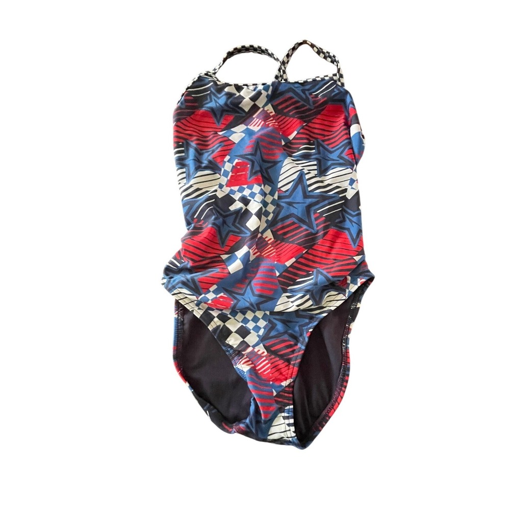 Speedo Pro LT One Piece Swimsuit Size 34 Red White Blue Stars Checkered Racing